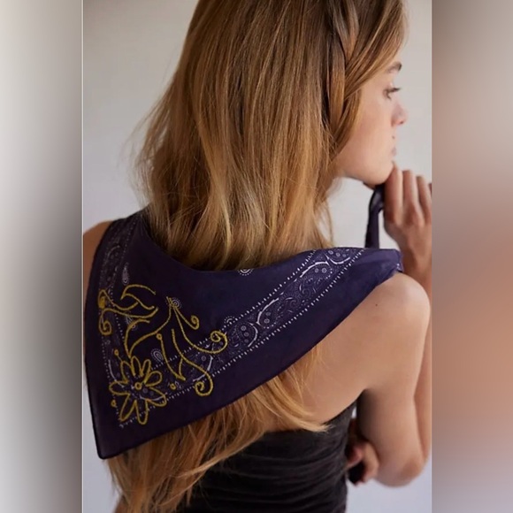 Free People Accessories - Free People Navy Blue Bandana Scarf with Yellow Embroidery NWOT